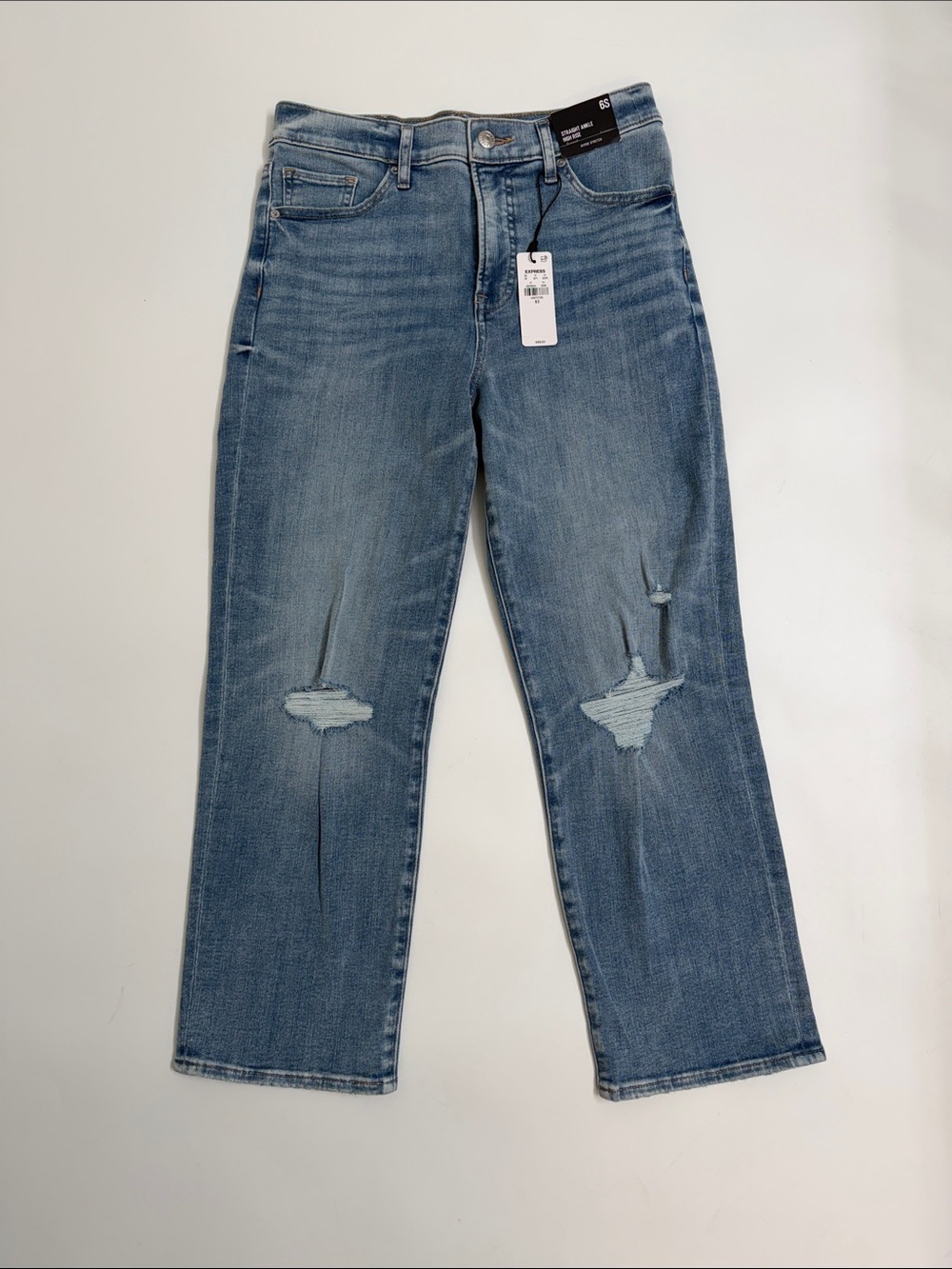 Express High Rise Straight Ankle Jeans 6S NWT Light Wash Distressed Stretch